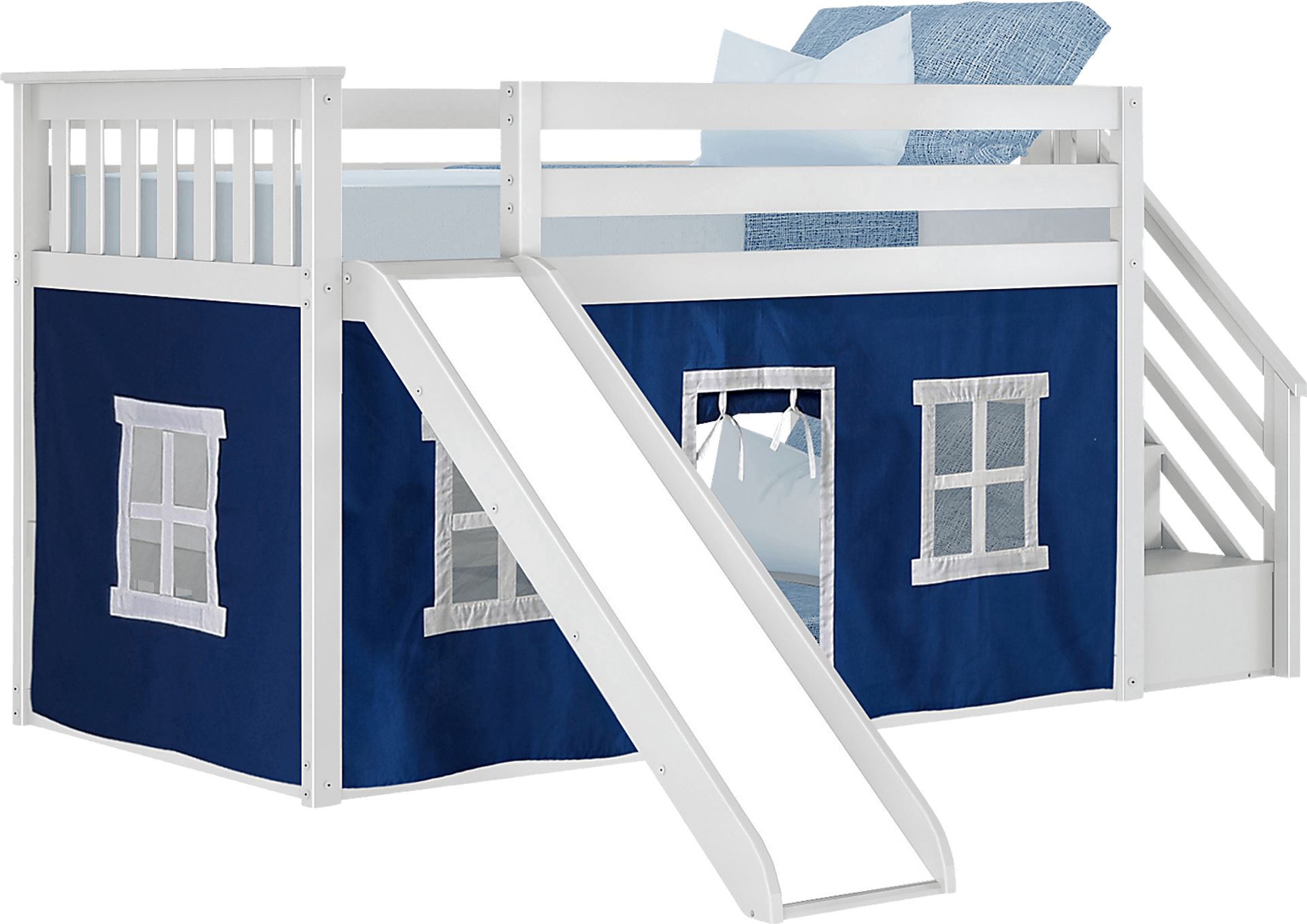 Kids Alwaes White Twin/Twin Low Bunk Bed with Slide and Blue Tent - Image 2