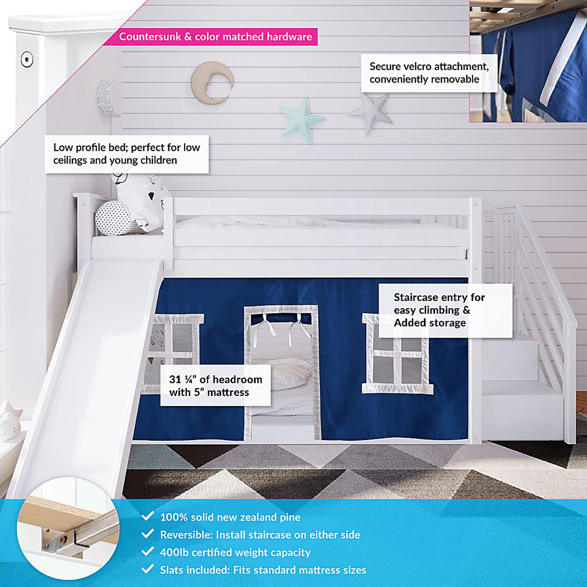 Kids Alwaes White Twin/Twin Low Bunk Bed with Slide and Blue Tent - Image 3