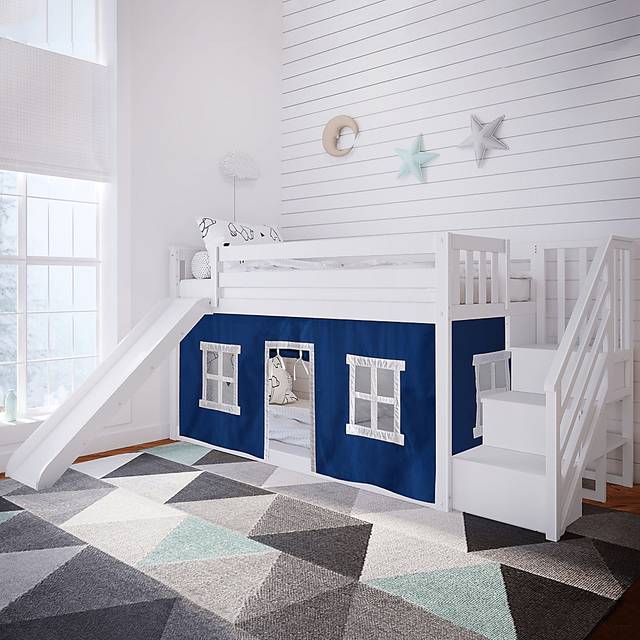 Kids Alwaes White Twin/Twin Low Bunk Bed with Slide and Blue Tent - Thumbnail - Image 1