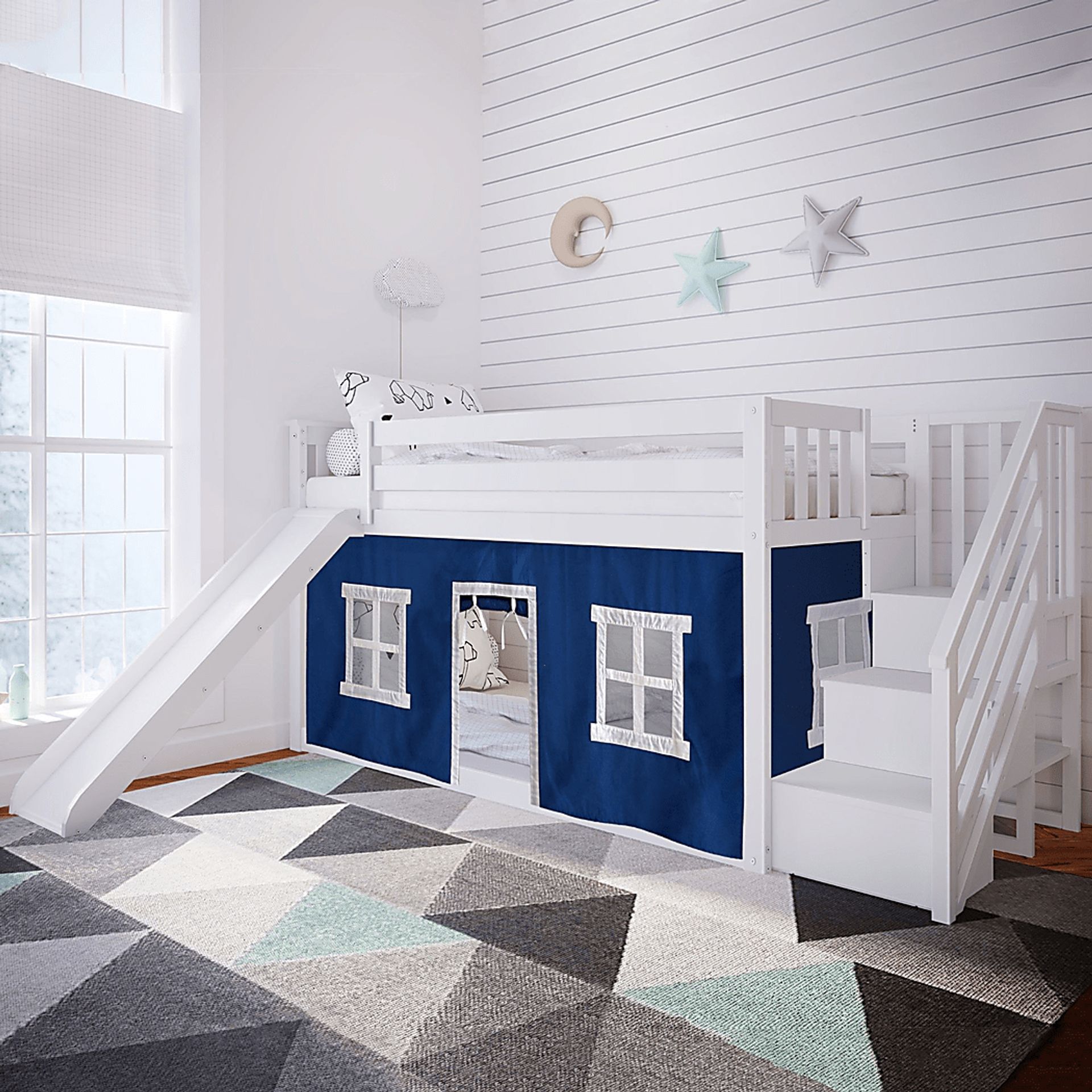 Kids Alwaes White Twin/Twin Low Bunk Bed with Slide and Blue Tent - Image 1