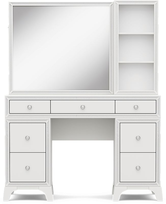 Kids Alyssa White Double Pedestal Vanity with Hutch and Small Sparkle Mirror