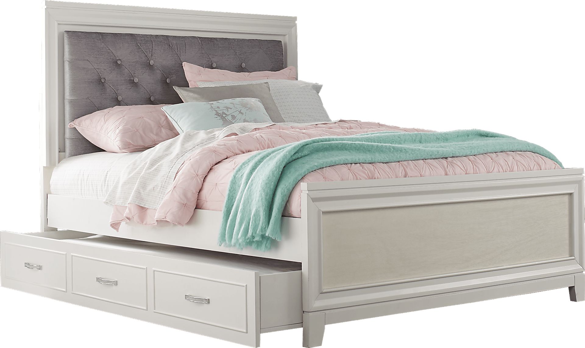 Kids Amelia White 4 Pc Twin Upholstered Bed with Twin Storage Trundle - Image 1
