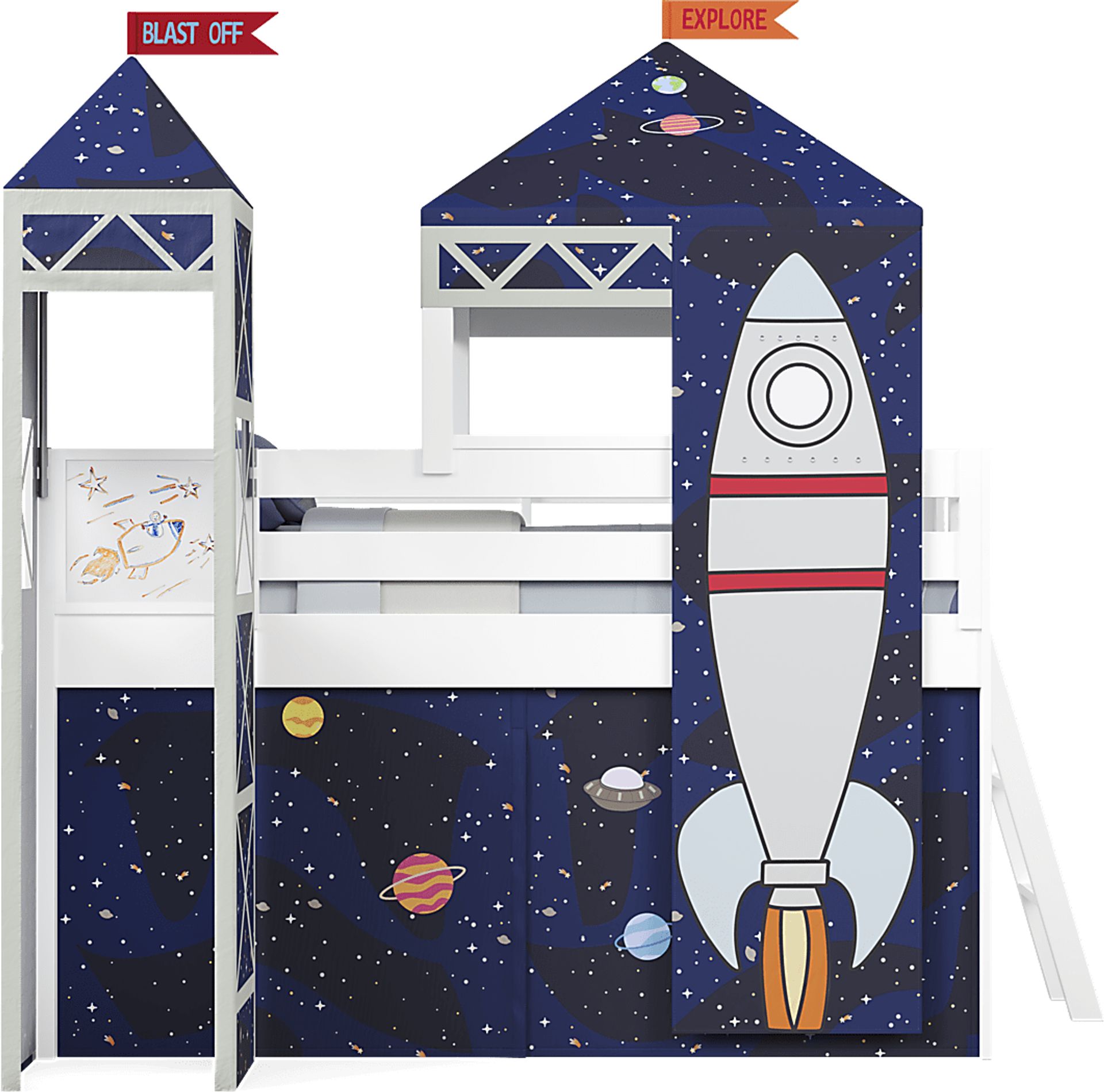 Kids Blast Off White Twin Loft Bed with Activity Panel, Tower and Tent - Image 3