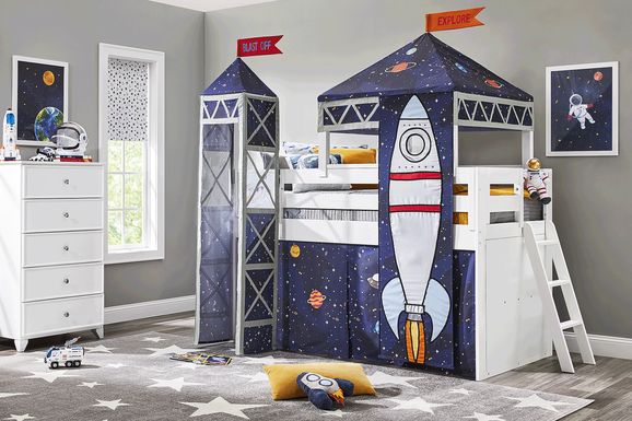 Kids Blast Off White Twin Loft Bed with Activity Panel, Tower and Tent