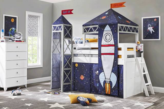 Kids Blast Off White Twin Loft Bed with Activity Panel, Tower and Tent - Thumbnail - Image 2