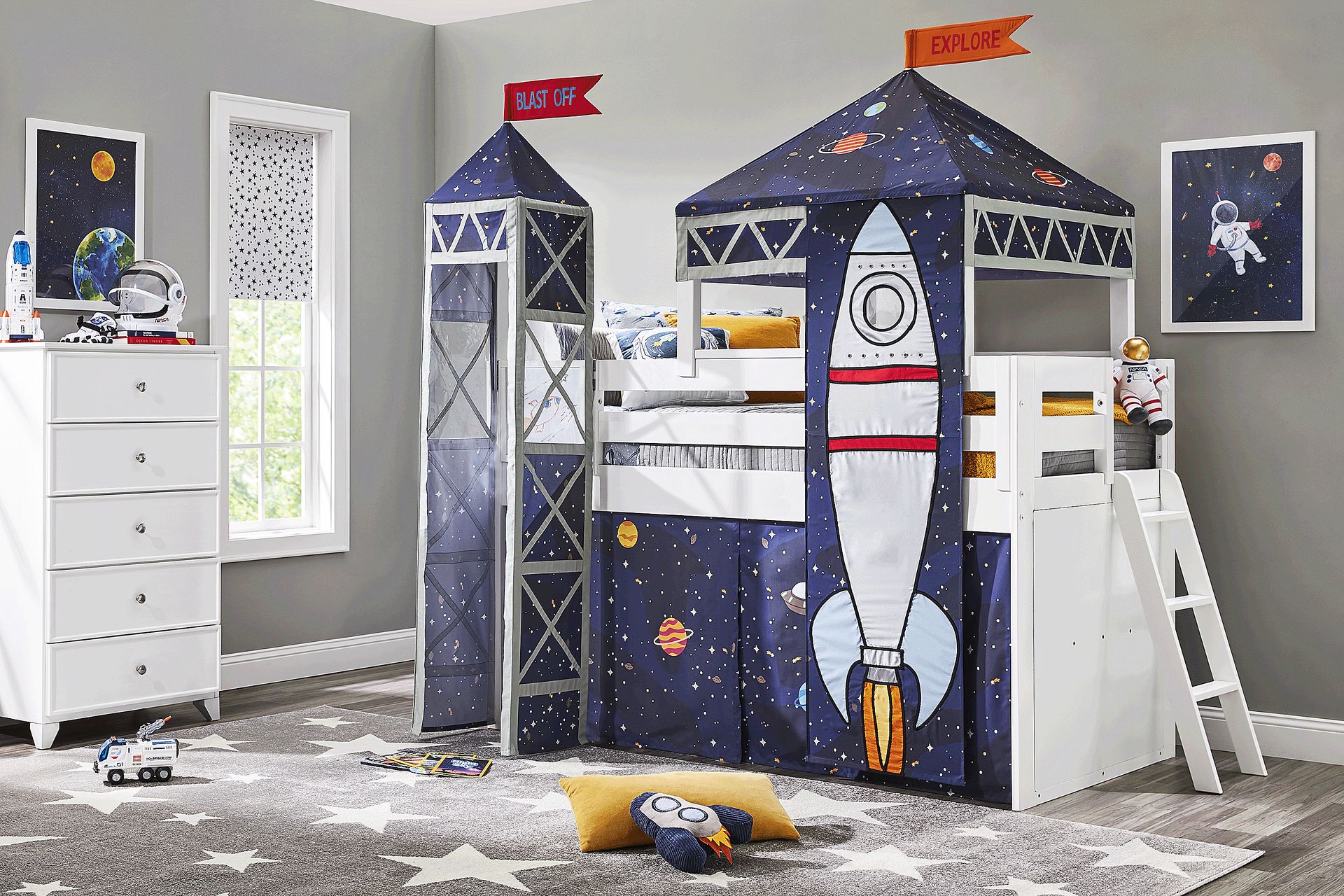 Kids Blast Off White Twin Loft Bed with Activity Panel, Tower and Tent - Image 2