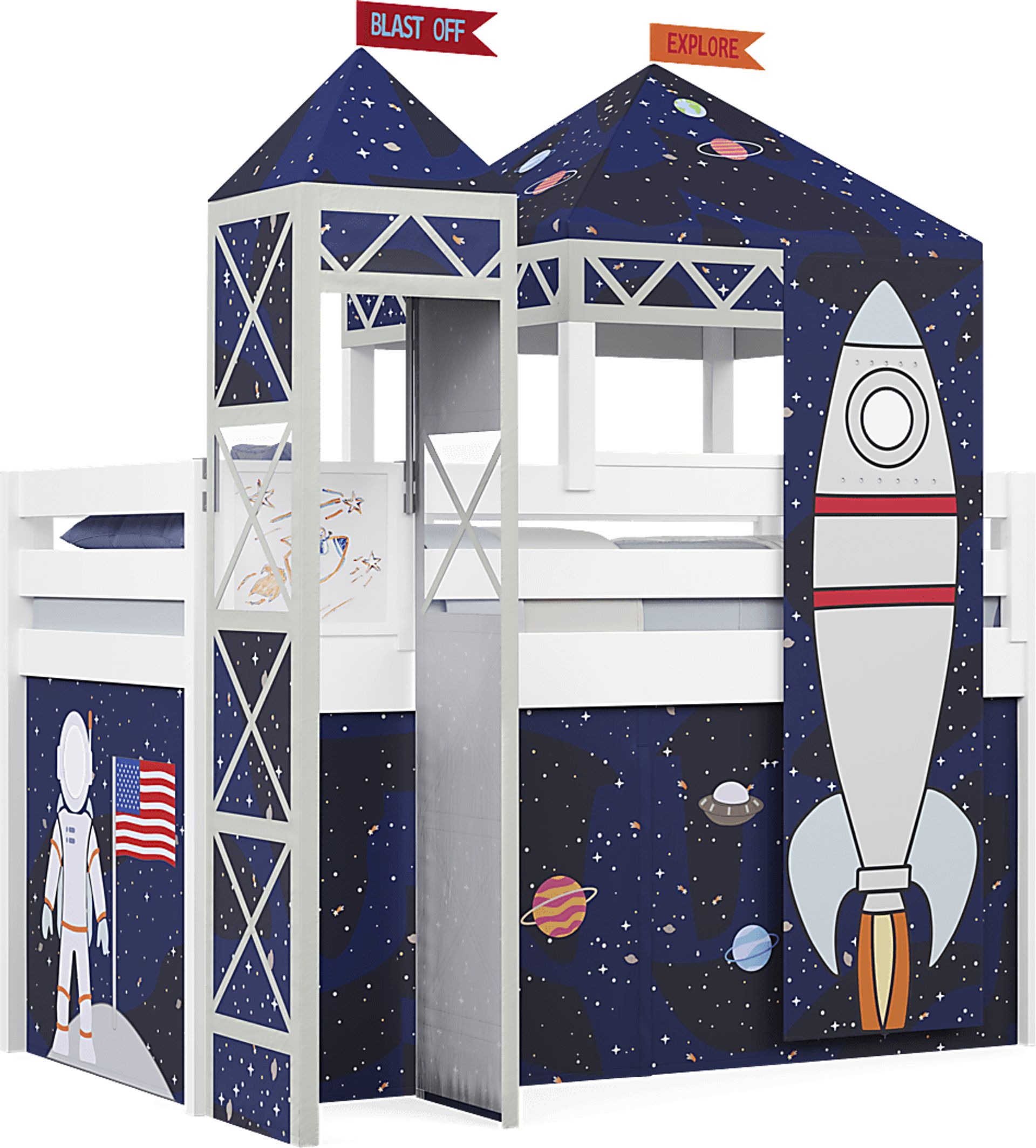 Kids Blast Off White Twin Loft Bed with Activity Panel, Tower and Tent - Image 1
