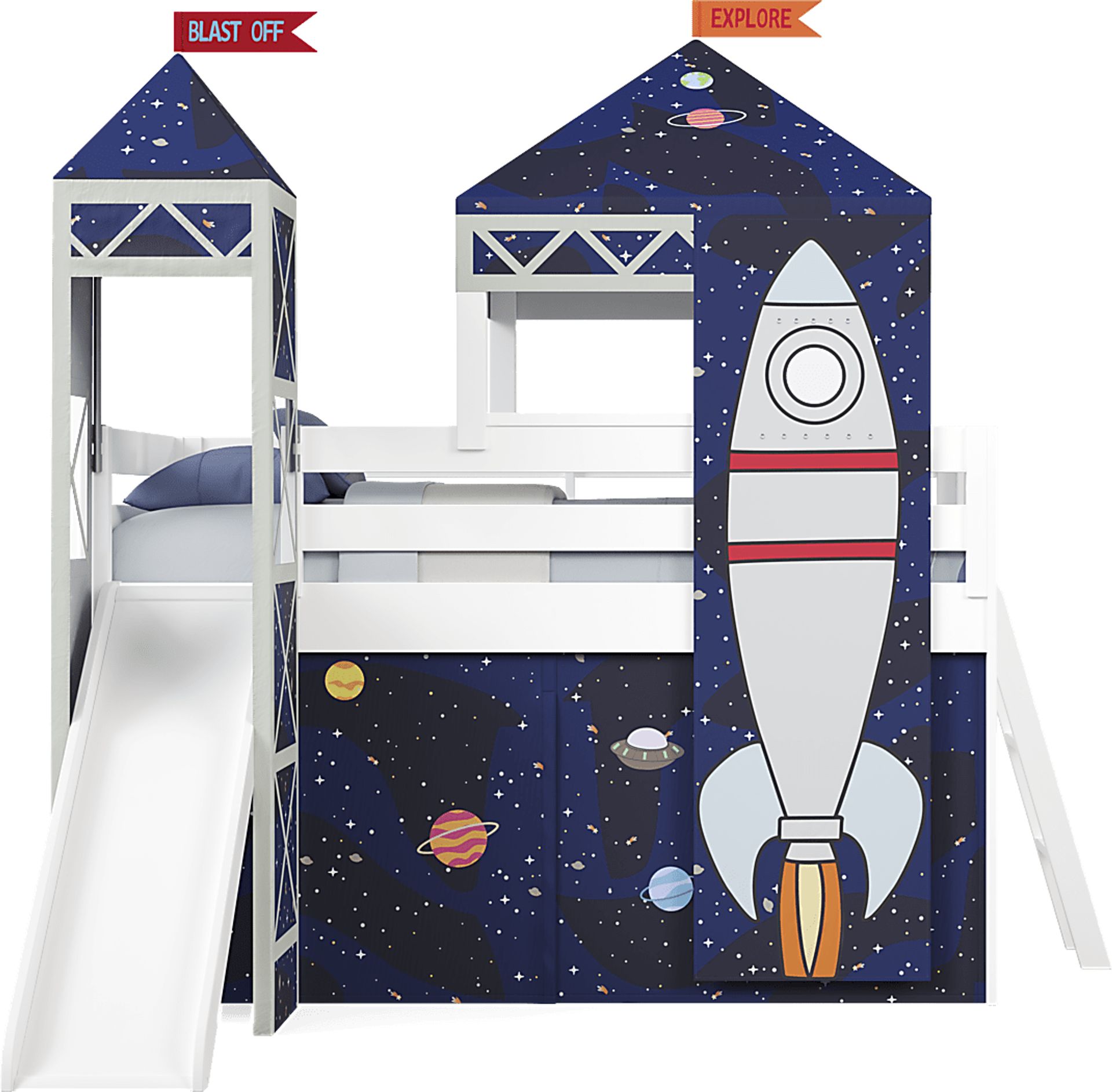 Kids Blast Off White Twin Loft Bed with Tower, Tent and Slide - Image 3