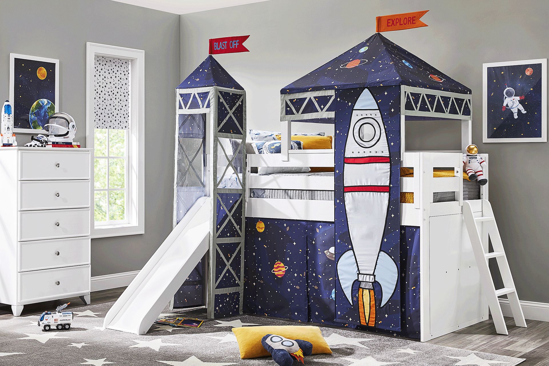 Kids Blast Off White Twin Loft Bed with Tower, Tent and Slide - Image 2