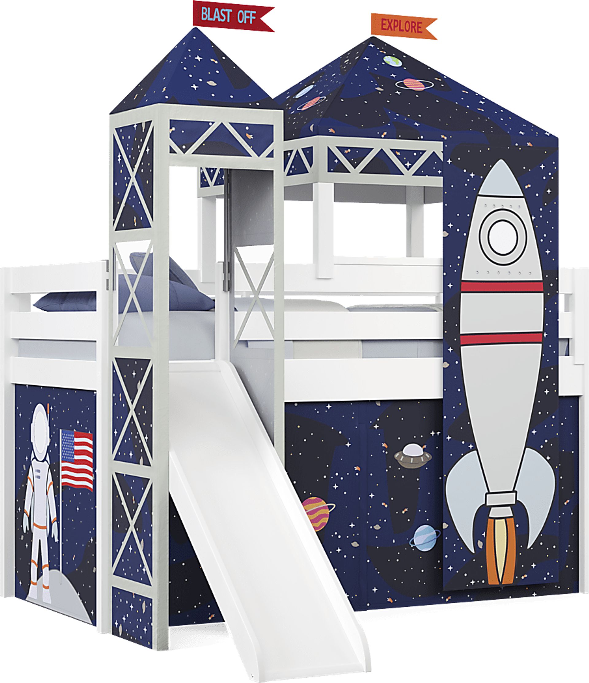 Kids Blast Off White Twin Loft Bed with Tower, Tent and Slide - Image 1