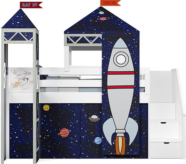 Kids Blast Off White Twin Step Loft Bed with Activity Panel, Tower and Tent - Thumbnail - Image 3