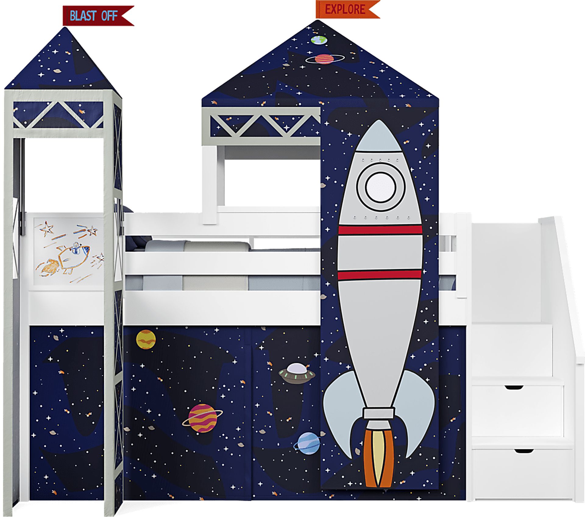 Kids Blast Off White Twin Step Loft Bed with Activity Panel, Tower and Tent - Image 3