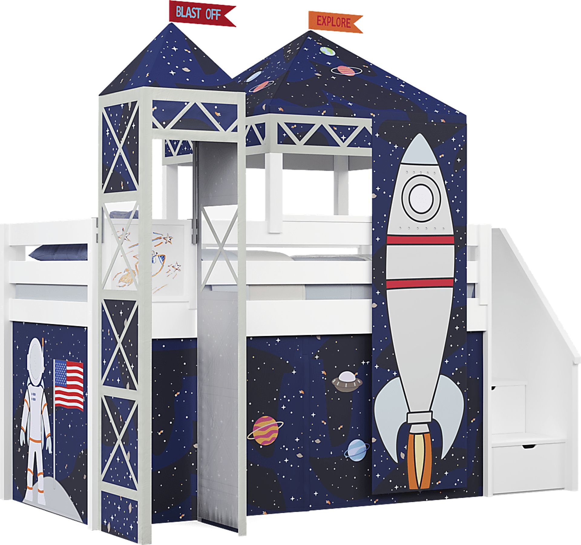 Kids Blast Off White Twin Step Loft Bed with Activity Panel, Tower and Tent - Image 1