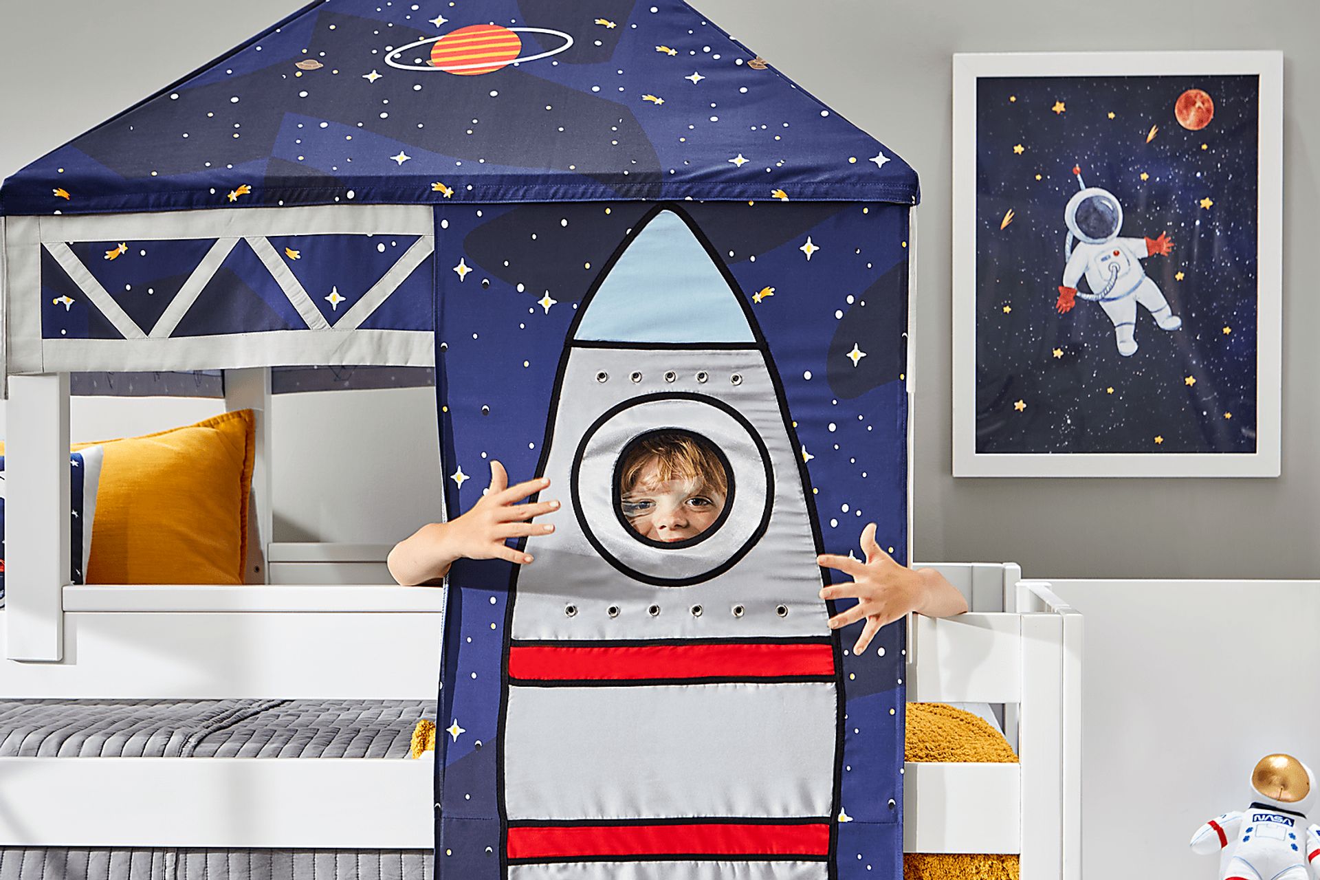 Kids Blast Off White Twin Step Loft Bed with Activity Panel, Tower and Tent - Image 5
