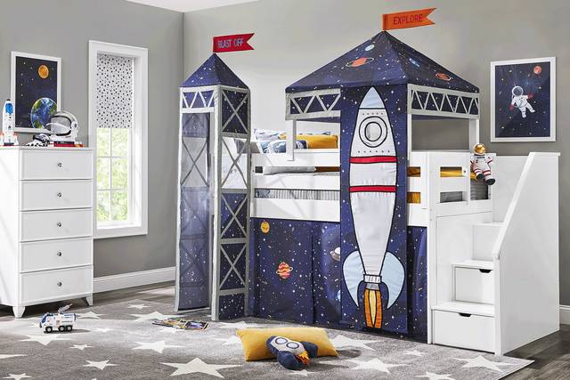 Kids Blast Off White Twin Step Loft Bed with Activity Panel, Tower and Tent - Thumbnail - Image 2