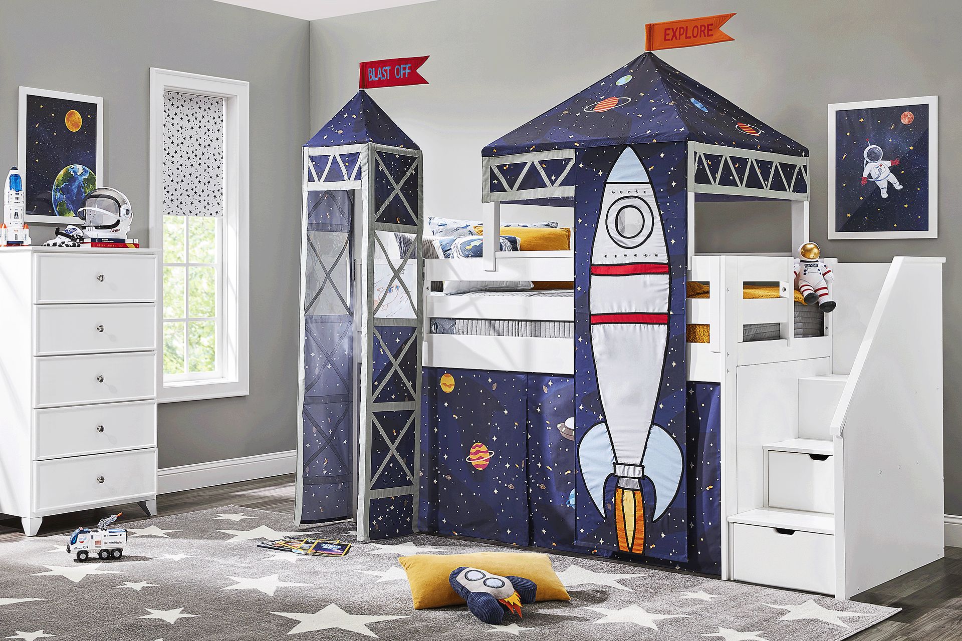 Kids Blast Off White Twin Step Loft Bed with Activity Panel, Tower and Tent - Image 2