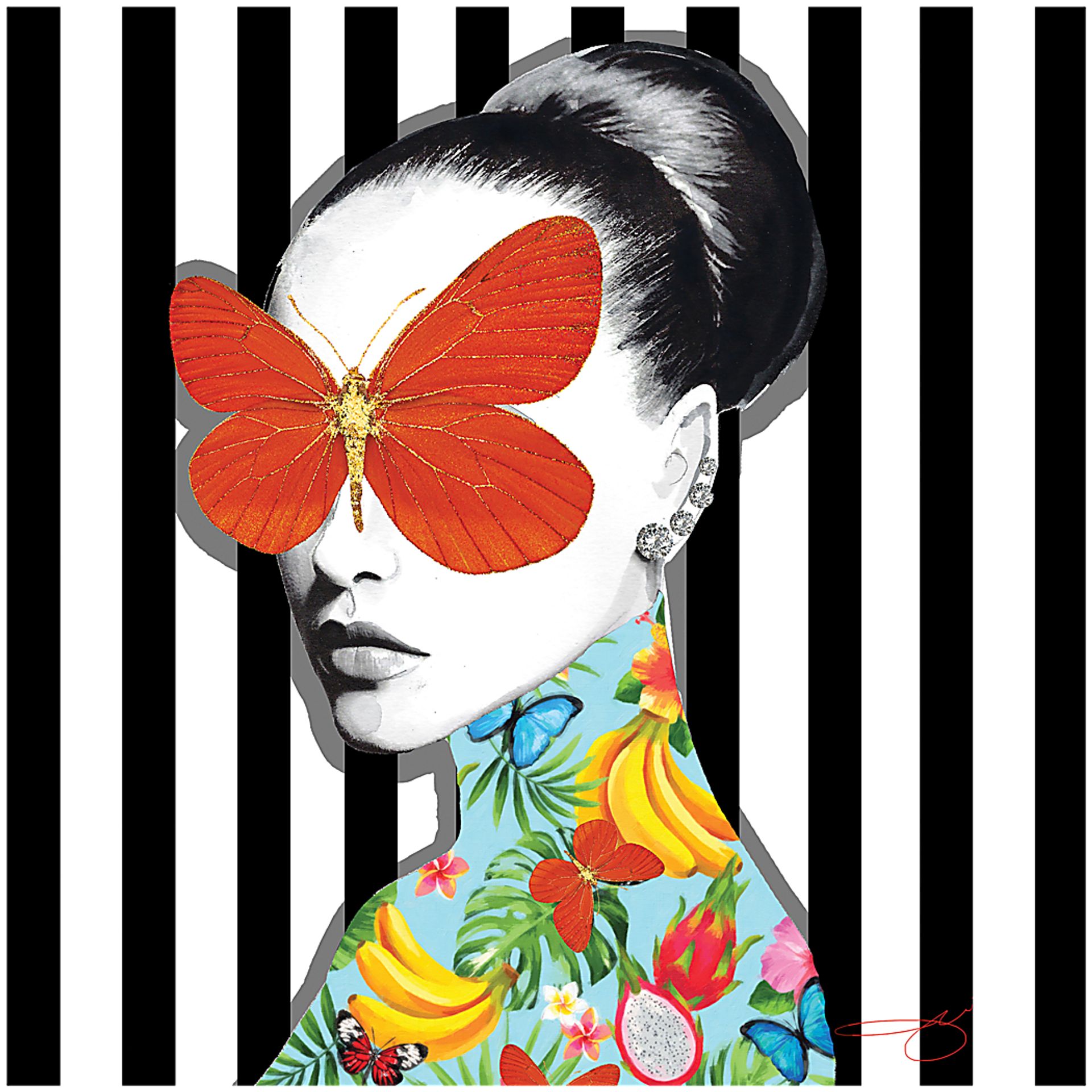 Kids Blinded By Butterfly Black Glass Wall Art - Image 1