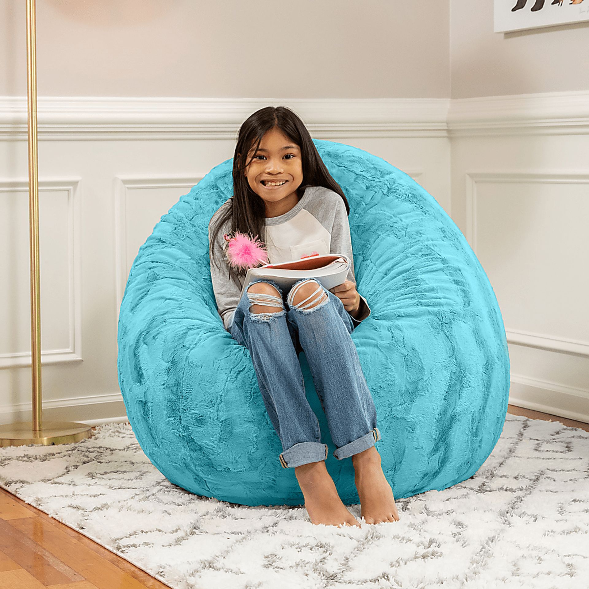 Brogton Turquoise Blue Polyester Fabric Bean Bag Rooms to Go