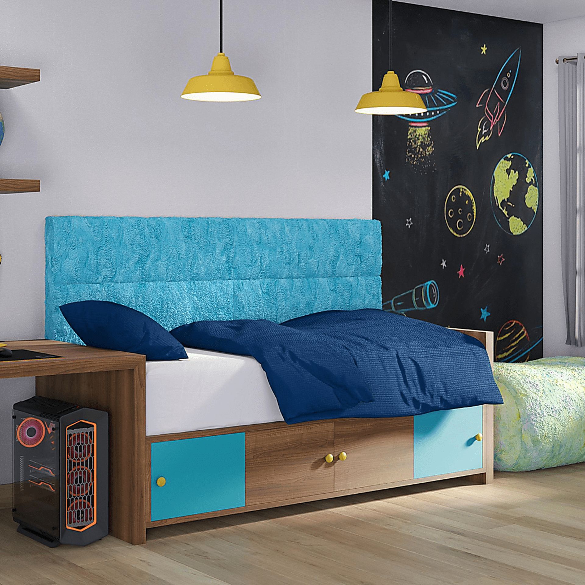 Kids Burkett II Turquoise Faux Fur Full/Queen Headboard Panel, Set of 4 - Image 4