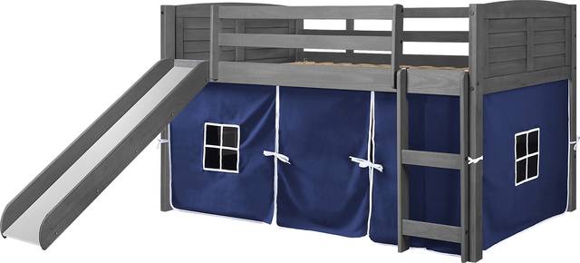 Kids Camp Hideaway Gray Twin Jr, Loft Bed with Blue Tent and Slide - Thumbnail - Image 2