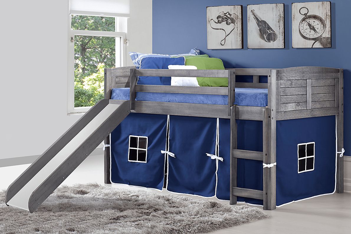 Kids Camp Hideaway Gray Twin Jr, Loft Bed with Blue Tent and Slide