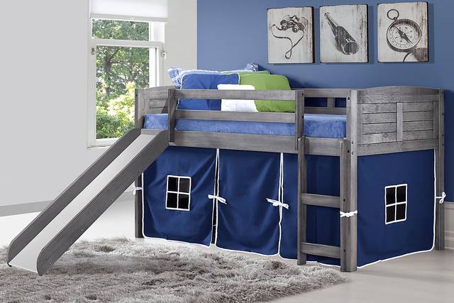 Kids Camp Hideaway Gray Twin Jr, Loft Bed with Blue Tent and Slide - Thumbnail - Image 3
