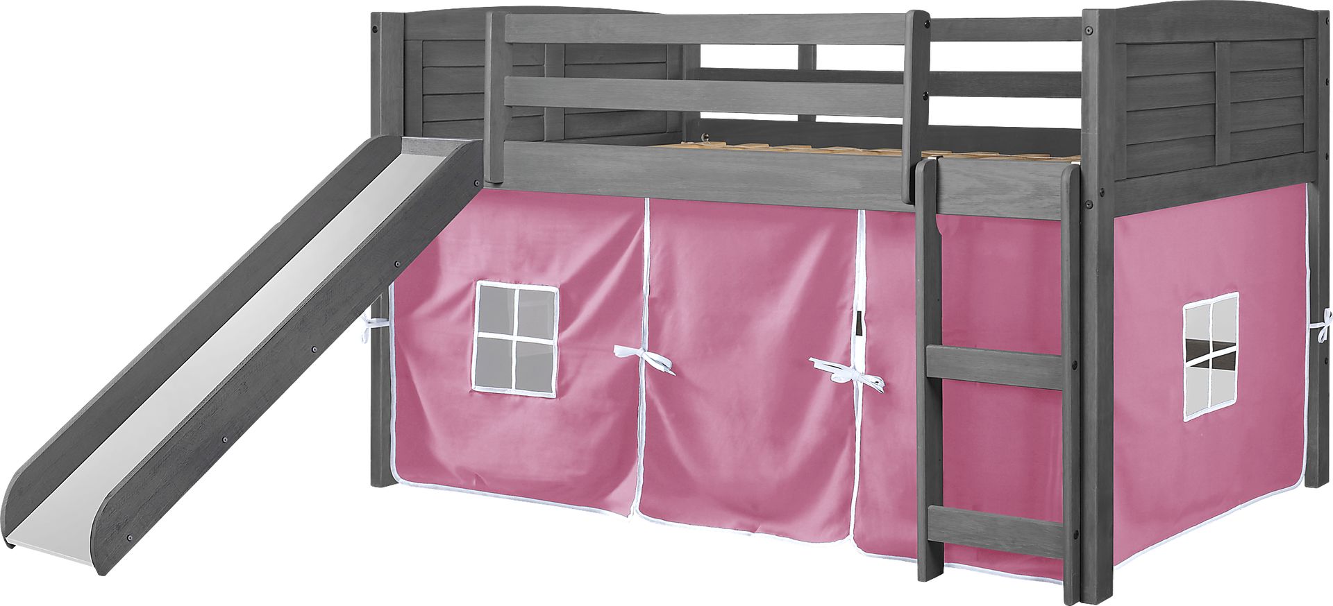 Kids Camp Hideaway Gray Twin Jr. Loft Bed with Pink Tent and Slide - Image 2