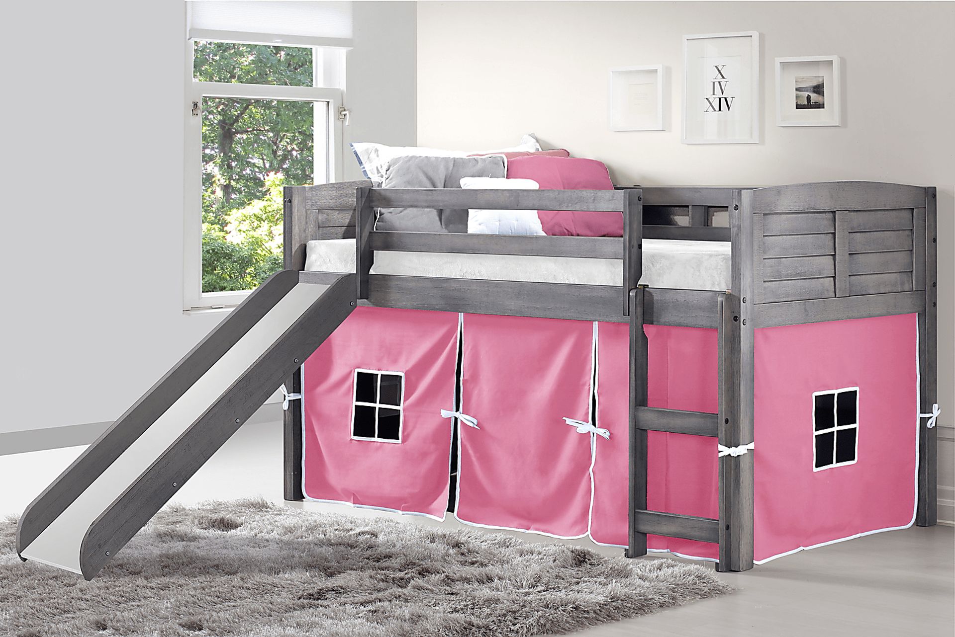 Kids Camp Hideaway Gray Twin Jr. Loft Bed with Pink Tent and Slide - Image 3