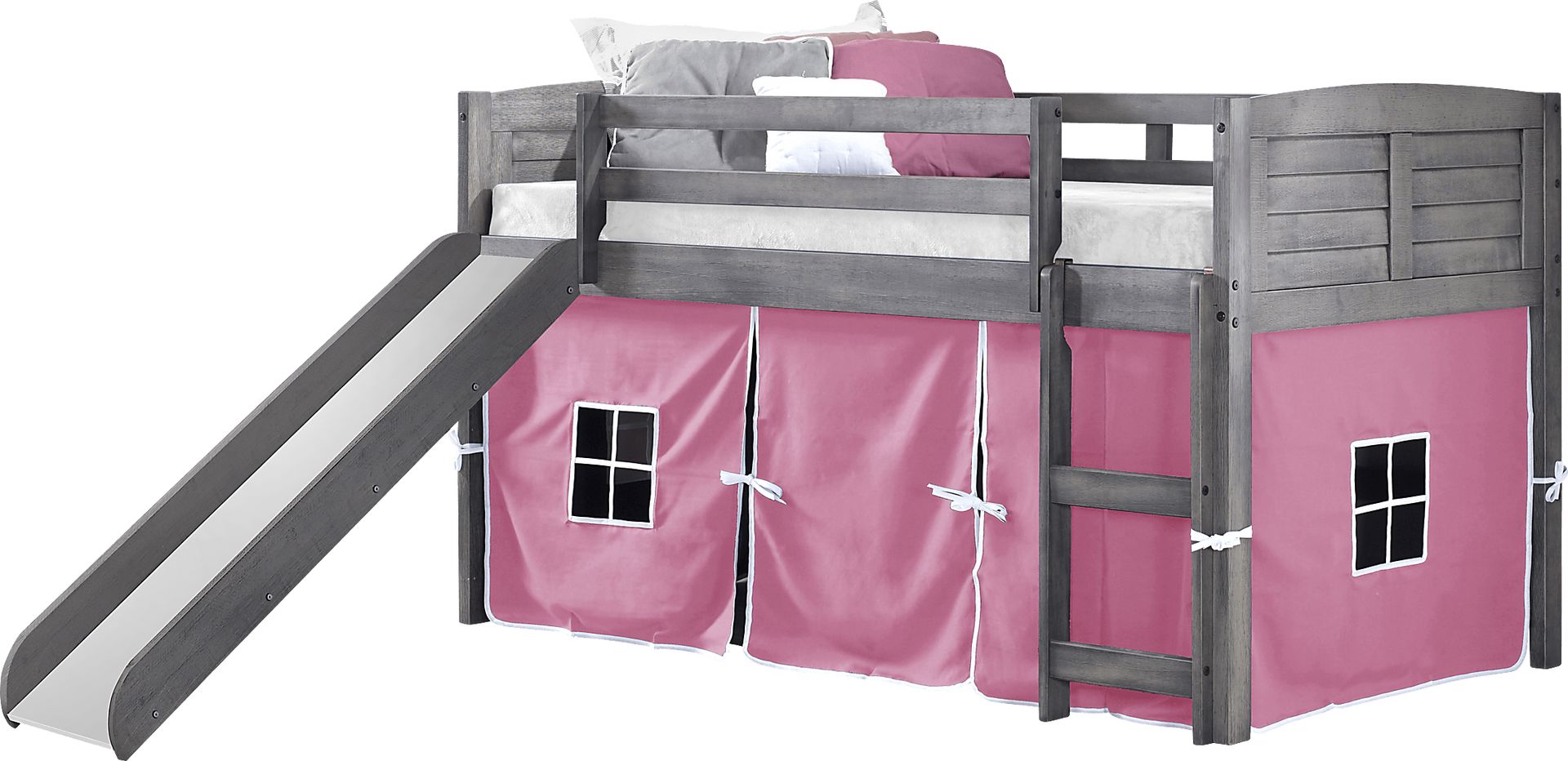 Kids Camp Hideaway Gray Twin Jr. Loft Bed with Pink Tent and Slide - Image 1