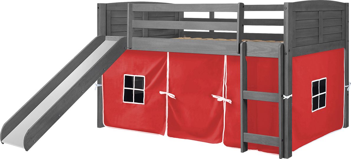 Kids Camp Hideaway Gray Twin Jr. Loft Bed with Red Tent and Slide