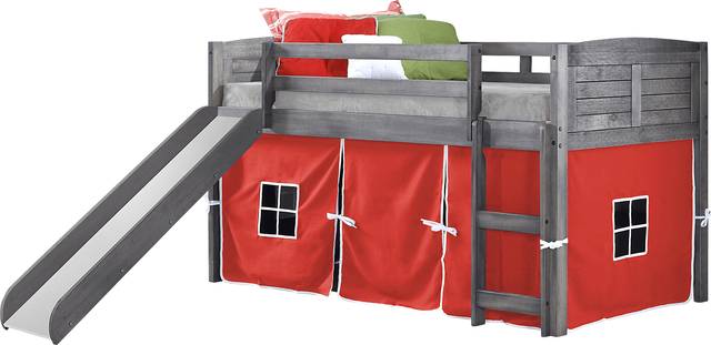 Kids Camp Hideaway Gray Twin Jr. Loft Bed with Red Tent and Slide - Thumbnail - Image 1