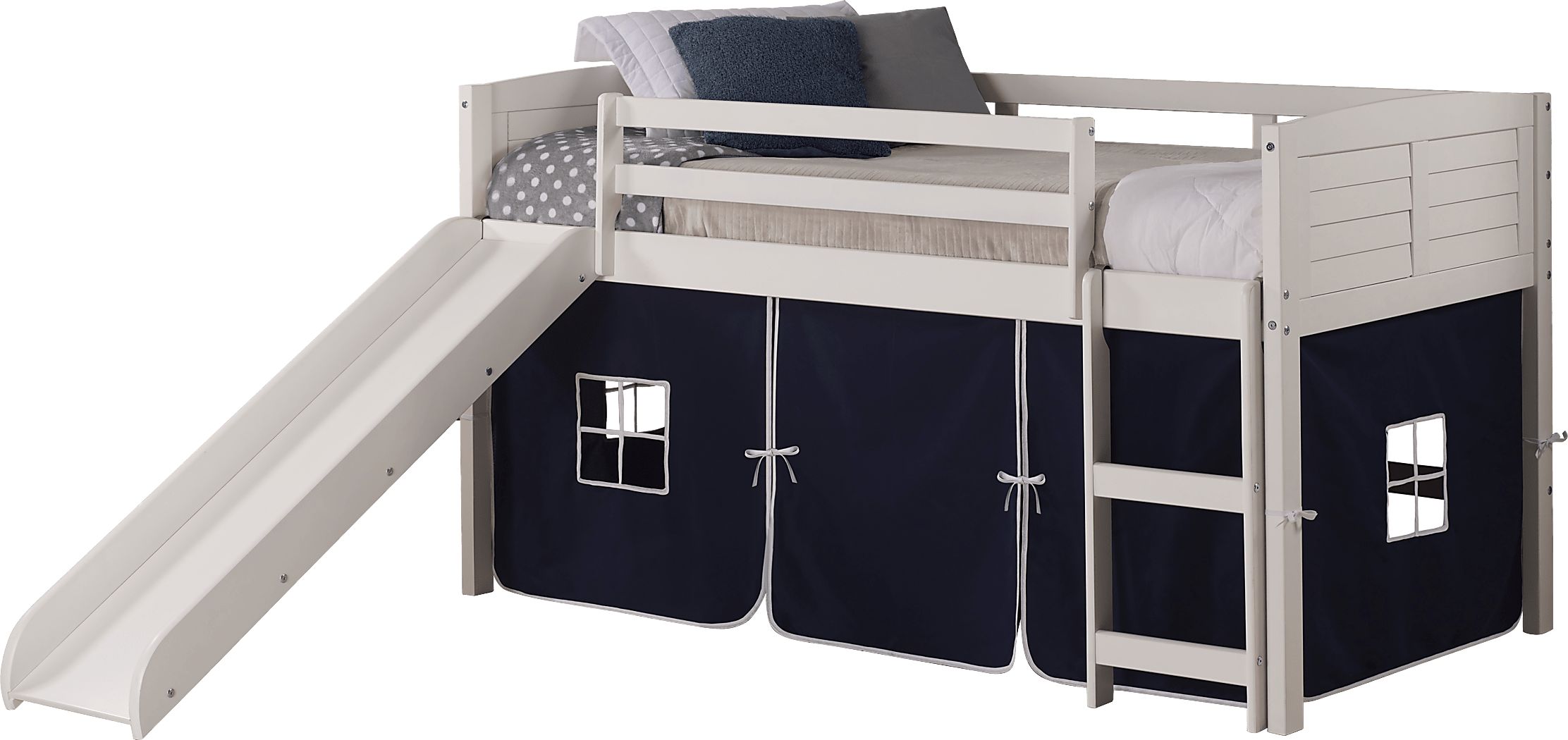 Kids Camp Hideaway White Twin Jr Loft Bed with Blue Tent and Slide