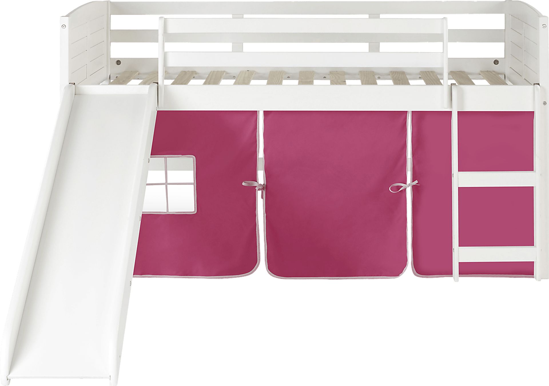 Kids Camp Hideaway White Twin Jr. Loft Bed with Pink Tent and Slide - Image 2
