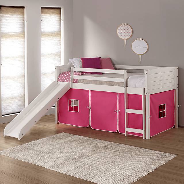 Kids Camp Hideaway White Twin Jr. Loft Bed with Pink Tent and Slide - Thumbnail - Image 5