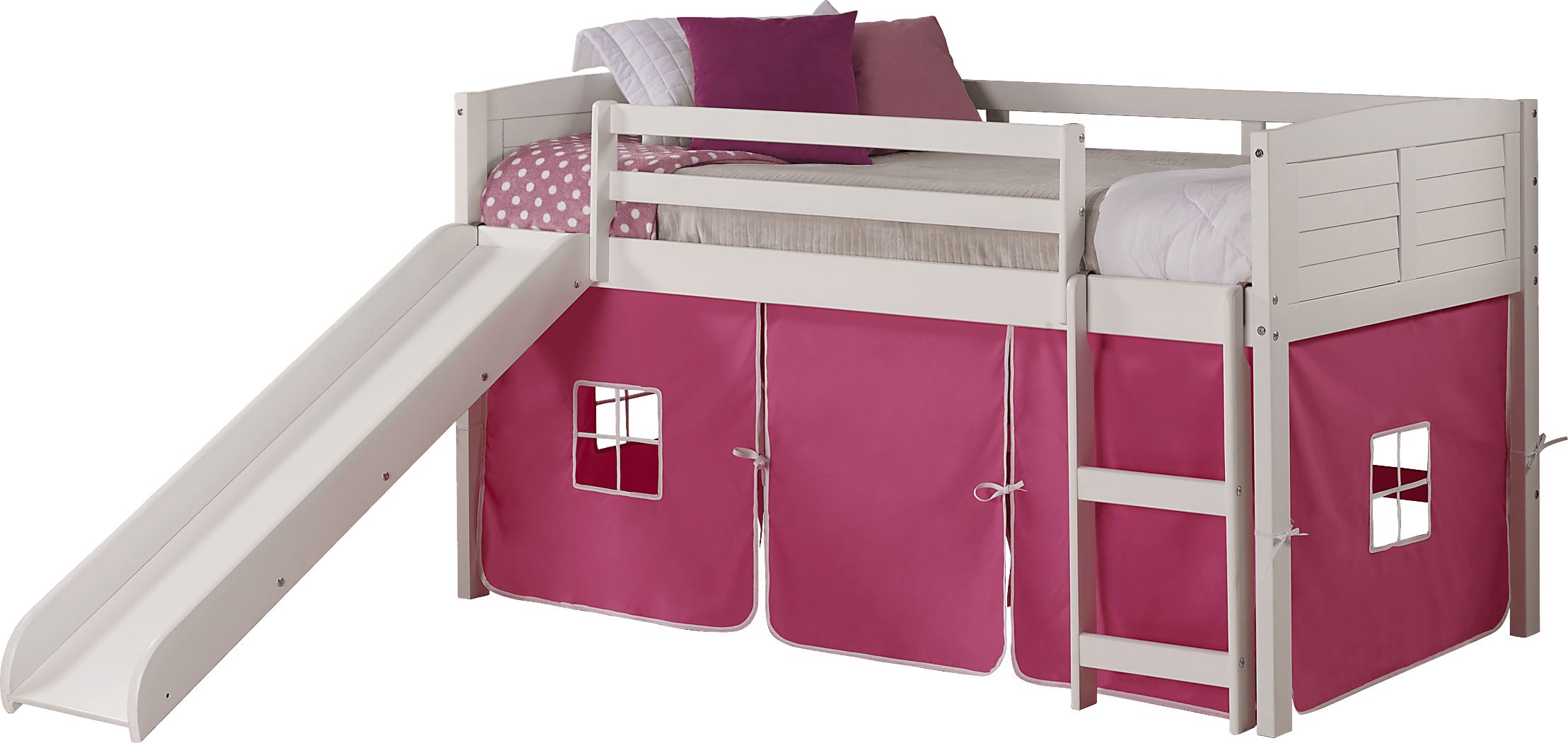 Kids Camp Hideaway White Twin Jr. Loft Bed with Pink Tent and Slide