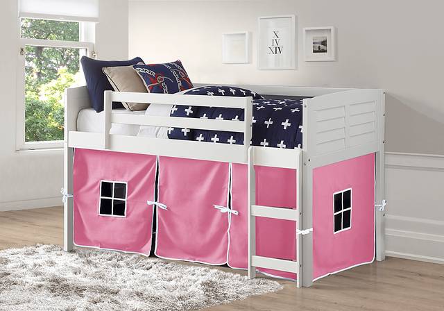 Kids Camp Hideaway White Twin Jr. Loft Bed with Pink Tent - Thumbnail - Image 1