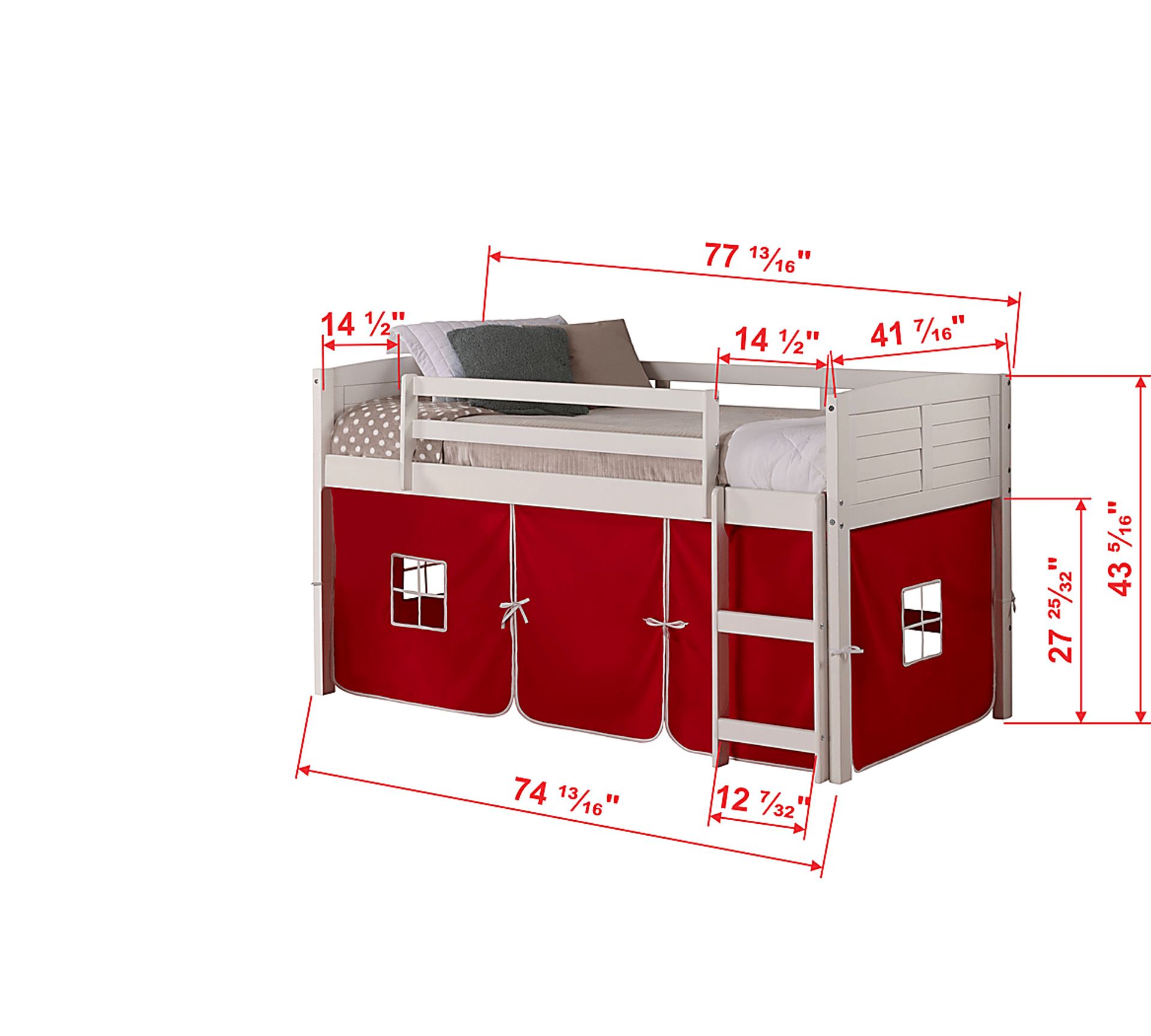 Kids Camp Hideaway White Twin Jr. Loft Bed with Red Tent - Image 3
