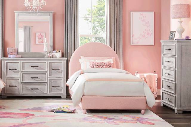Kids Canyon Lake Ash Gray Bedroom with Moonstone Pink Queen Upholstered Bed - Thumbnail - Image 1