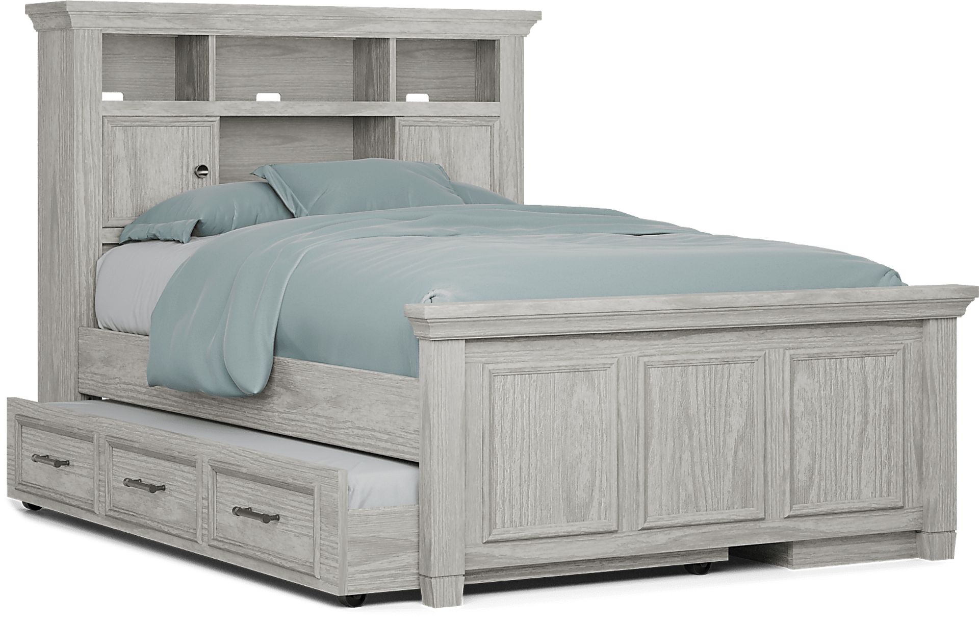Kids Canyon Lake Ash Gray 4 Pc Full Bookcase Bed with Storage Side Rail and Trundle - Image 1