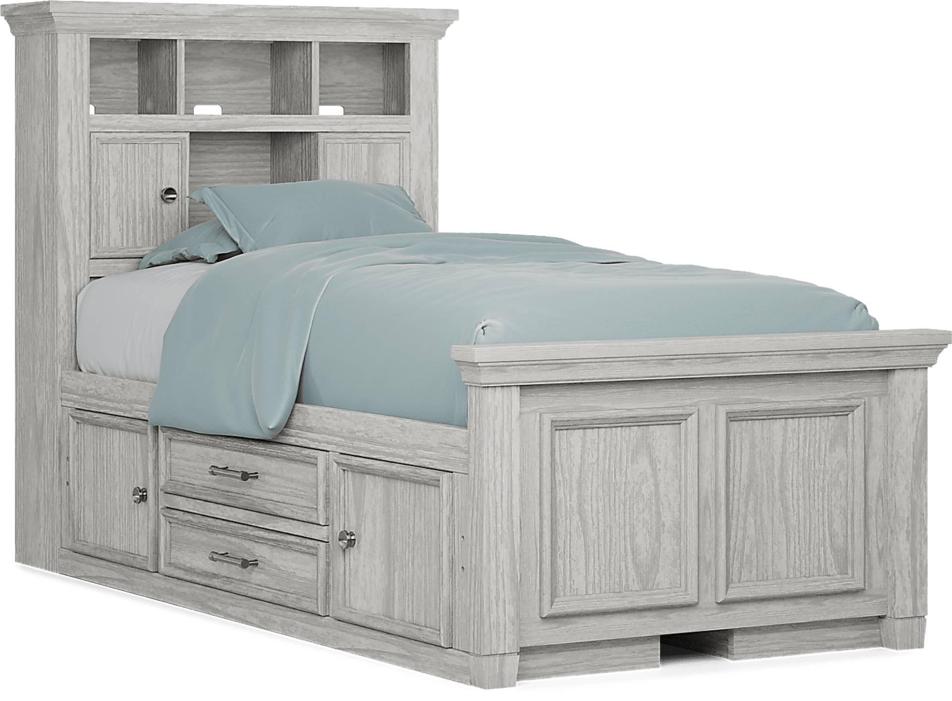 ash gray twin bookcase bed w 2 storage rails