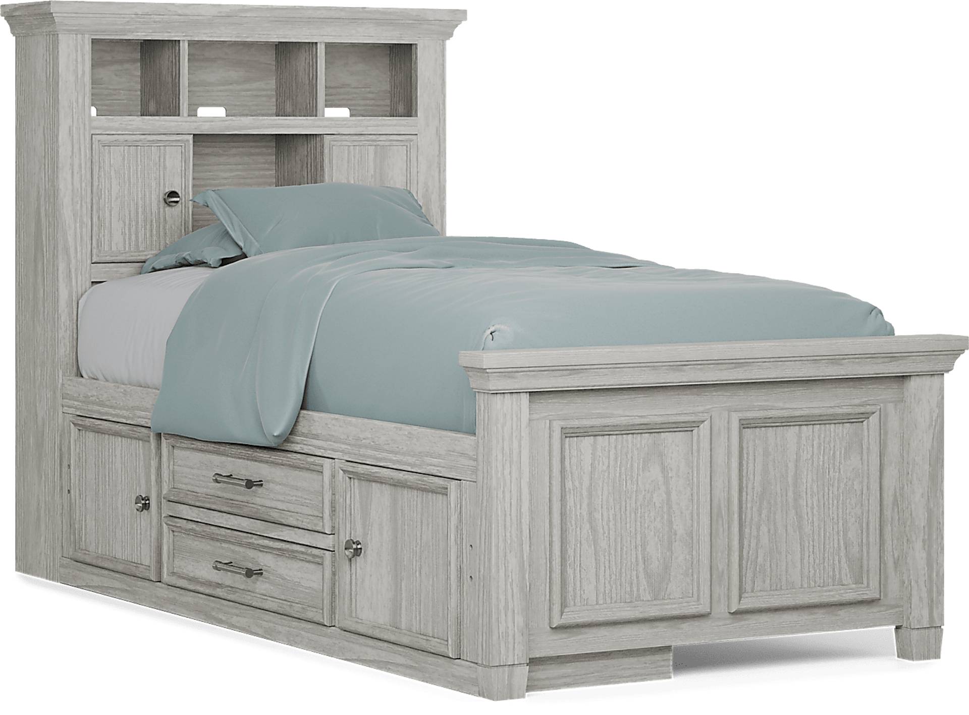 ash gray twin bookcase bed with storage rail