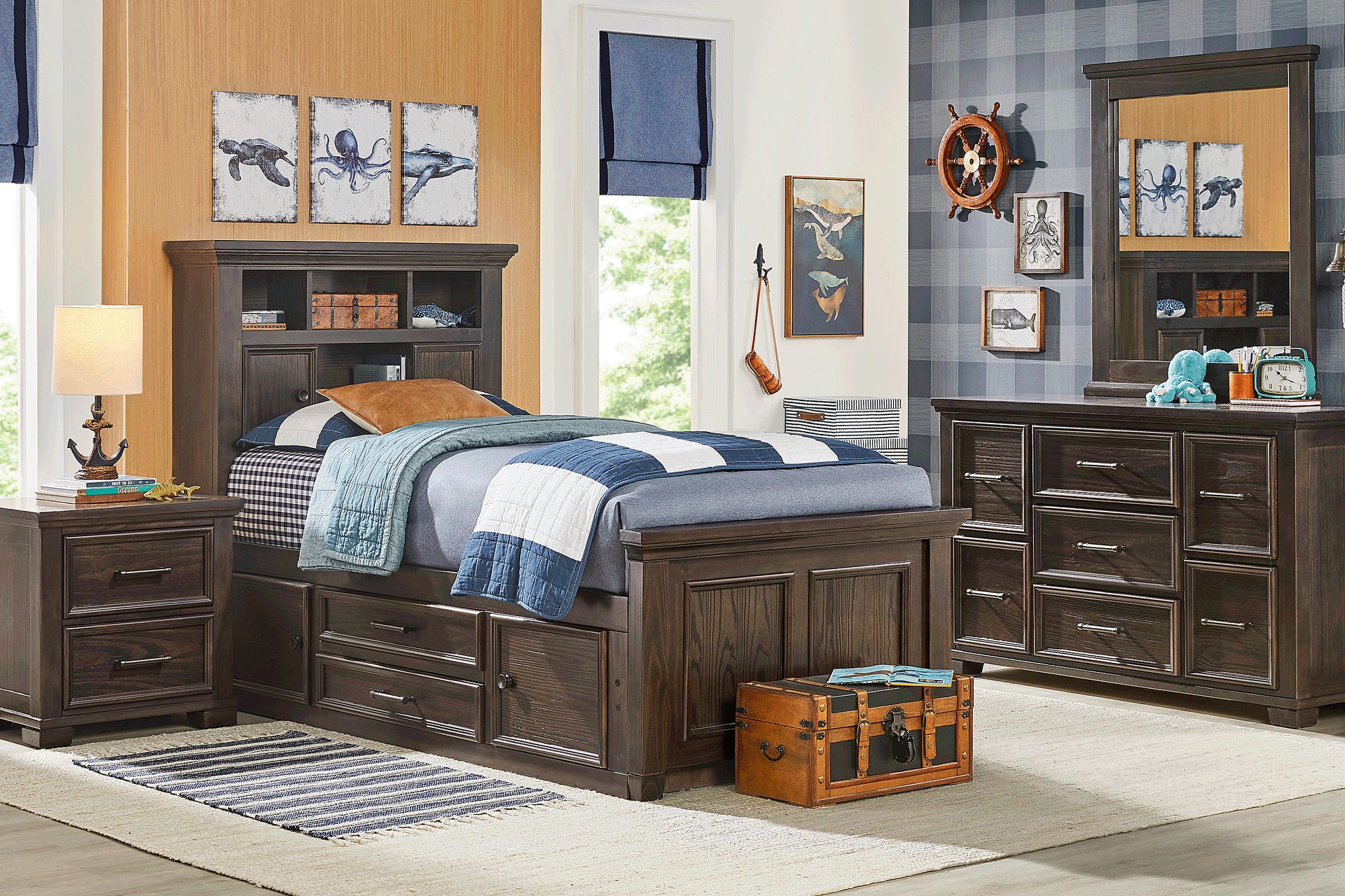 Kids Canyon Lake Java 5 Pc Full Bookcase Bedroom with Storage Side Rail - Image 1