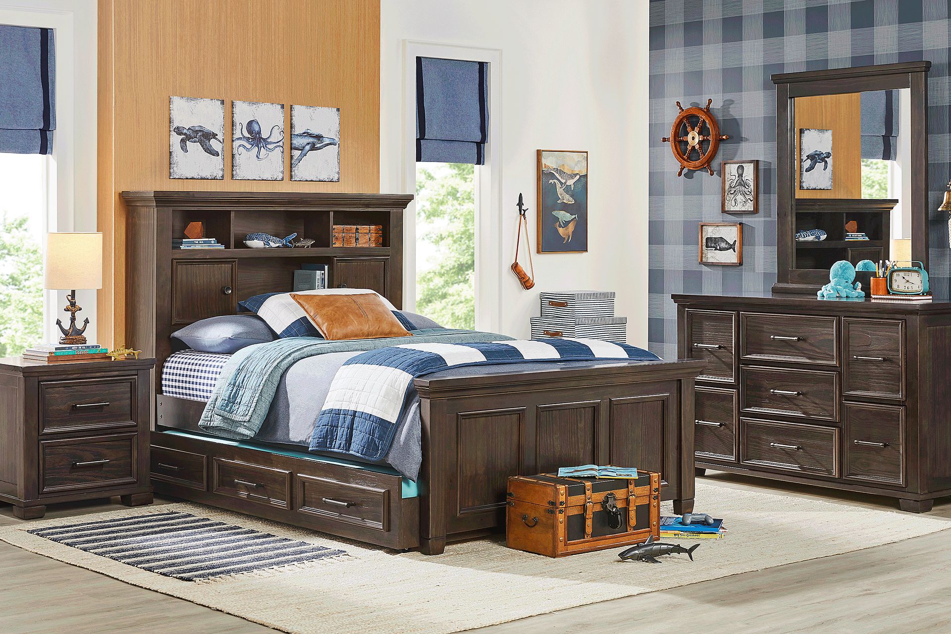 Kids Canyon Lake Java 6 Pc Full Bookcase Bedroom with Storage Side Rail and Trundle - Image 1