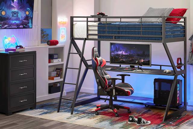 Kids Carbon Optix Black 2 Pc Full Loft Gaming Bedroom with LED Lights and Accessories - Thumbnail - Image 1