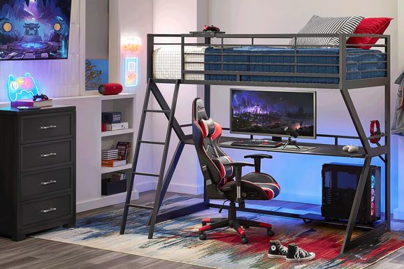 Kids Carbon Optix Black 2 Pc Twin Loft Gaming Bedroom with LED Lights and Accessories