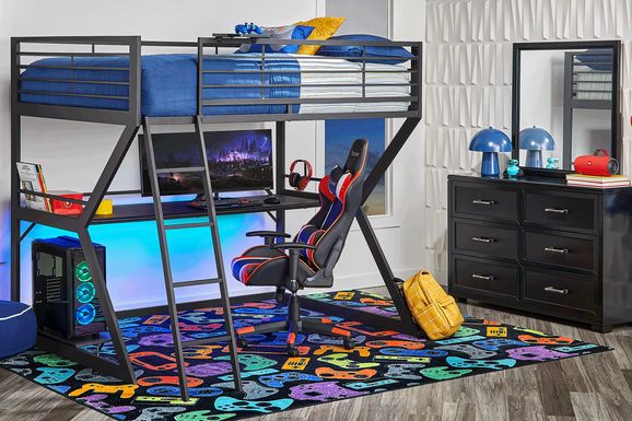 Kids Carbon Optix Black 3 Pc Full Gaming Loft Bedroom LED Lights and Accessories