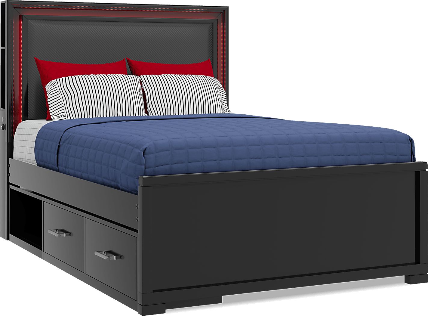 Kids Carbon Optix Black Full Storage Bed with LED Lights