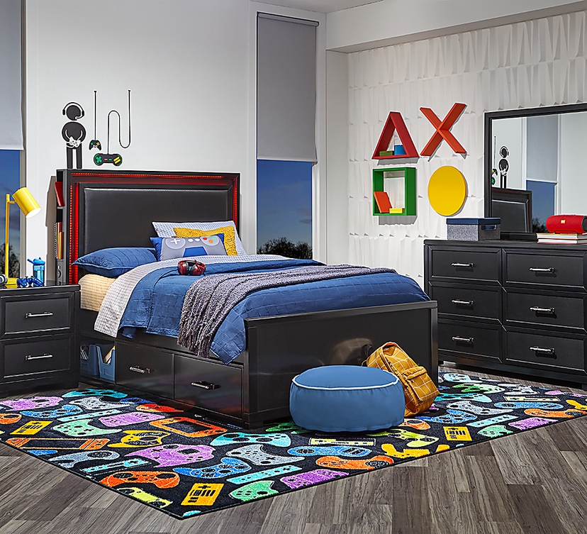 Kids Carbon Optix Black Full Bedroom with LED Lights