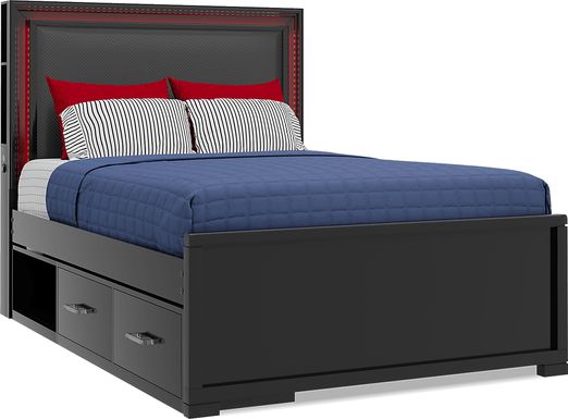Kids Carbon Optix Black 5 Pc Full Storage Bed with LED Lights and Trundle