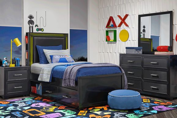 Kids Carbon Optix Black Twin Bedroom with LED Lights